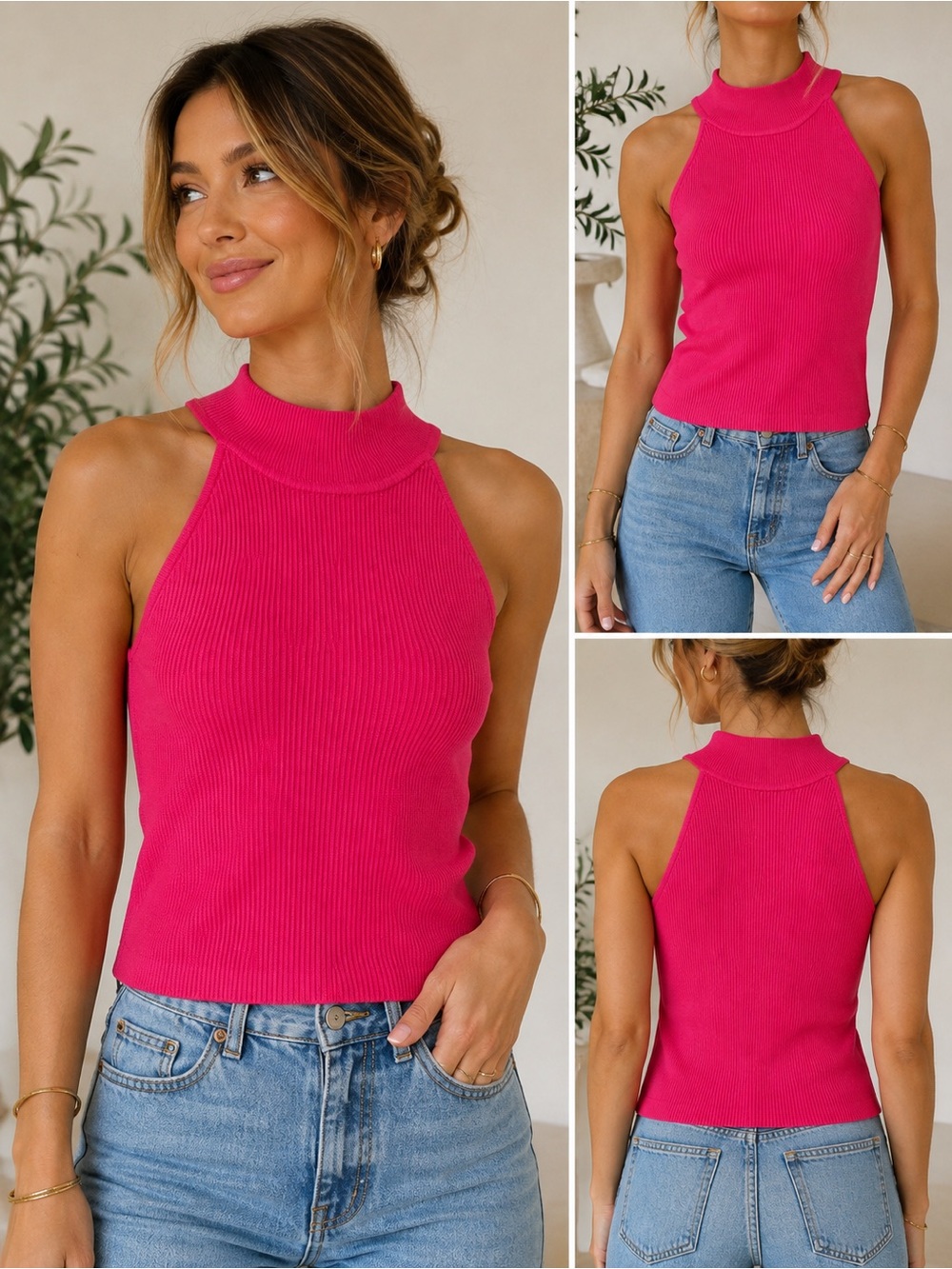 Allie Rose Hot Pink Ribbed Knit Mock Neck Sleeveless Top L